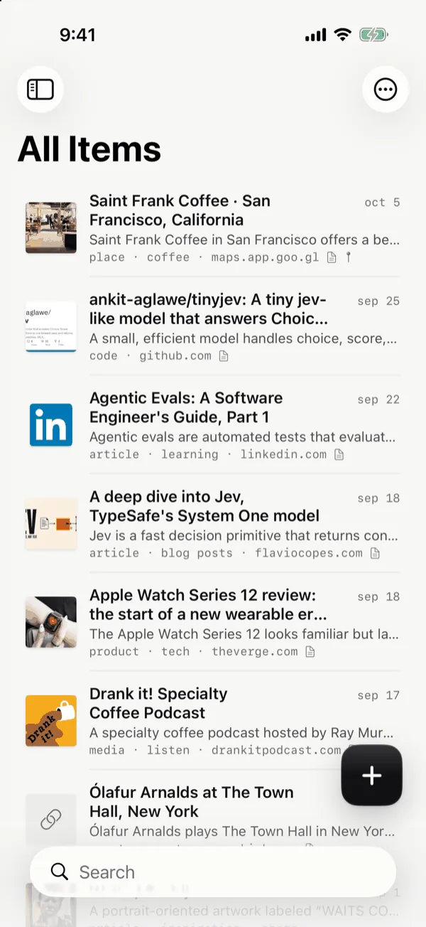 Kenna on iPhone: a library of saved things, each labeled with what it is, such as a place, a code repository, an article, a product and a podcast.