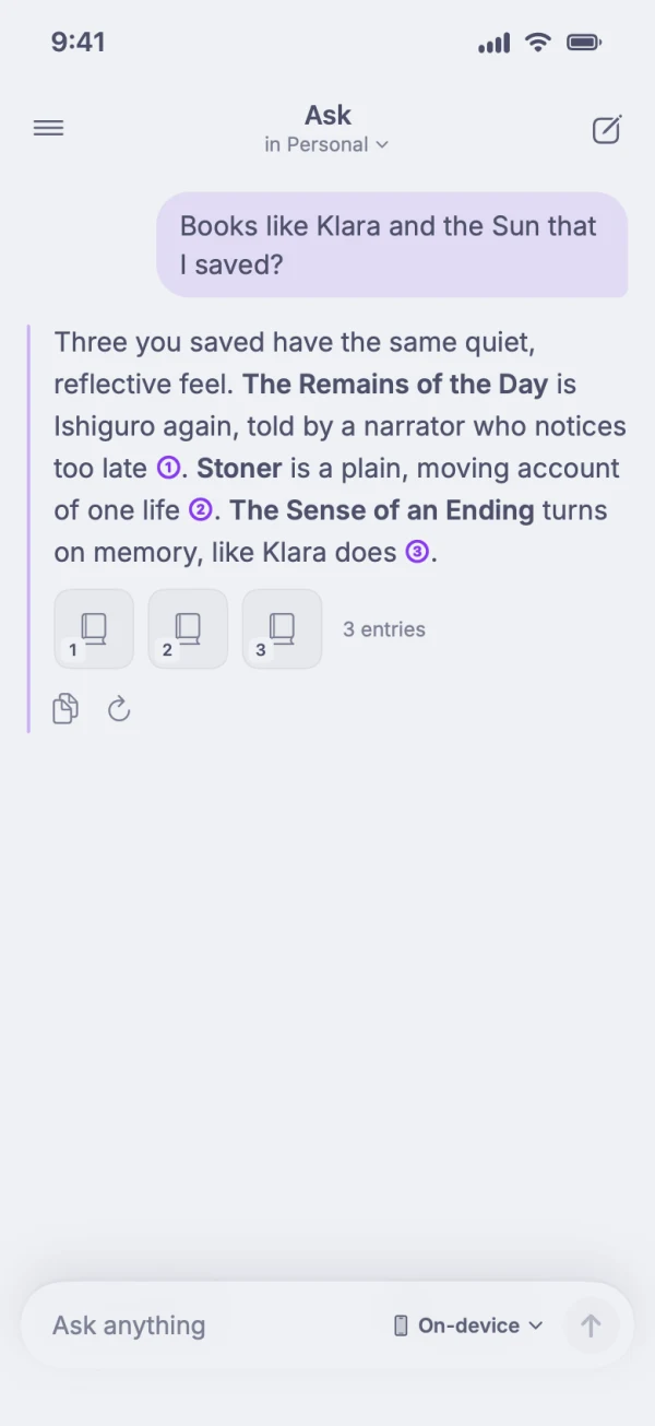 Asking Kenna on an iPhone for books like Klara and the Sun: the answer names three saved books, The Remains of the Day, Stoner and The Sense of an Ending, each linked to its entry.