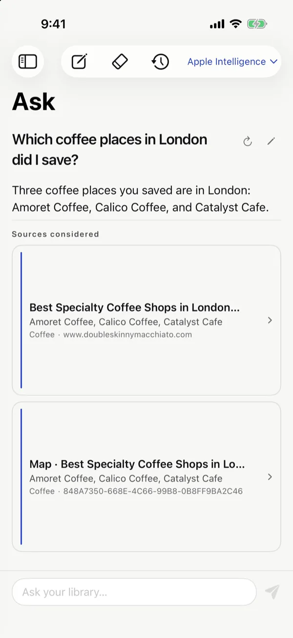 Asking Kenna “Which coffee places in London did I save?”: the answer names three cafes and lists the two saved entries it used.