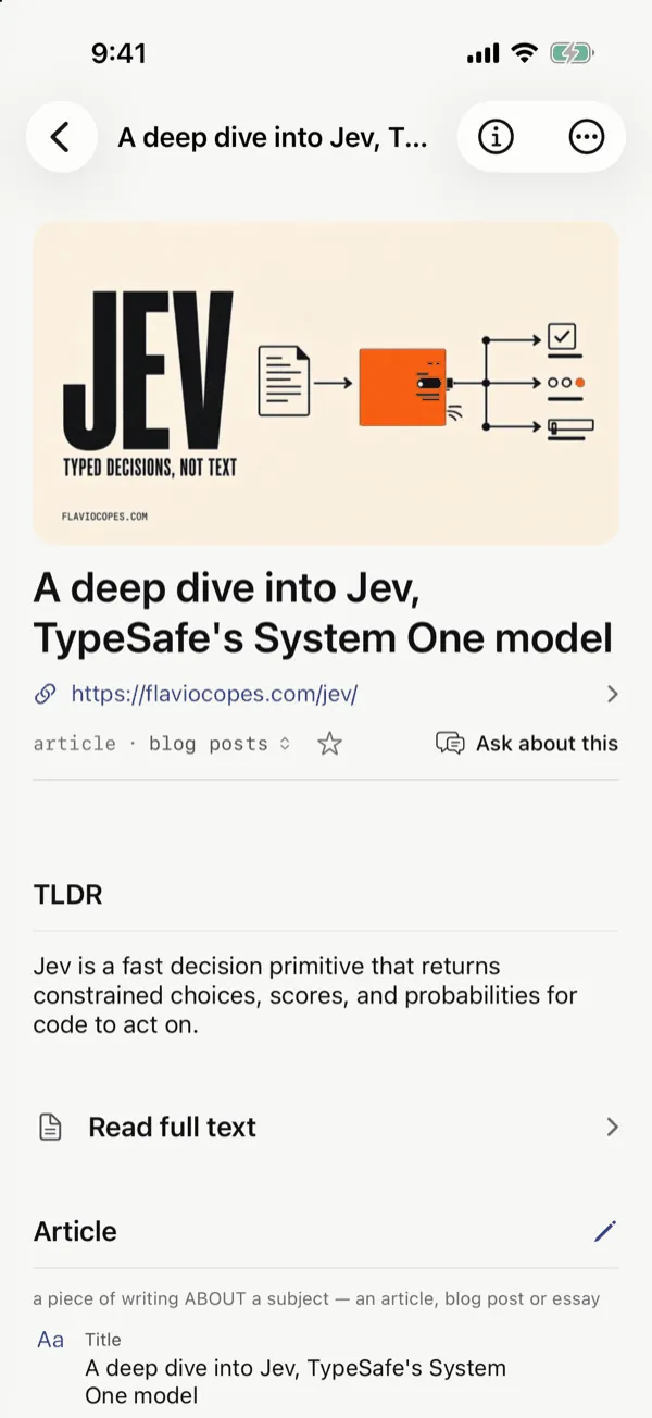An entry about an AI model in Kenna: “A deep dive into Jev, TypeSafe’s System One model”, with its cover image, link, kind and category, Ask about this, and a one-line summary.