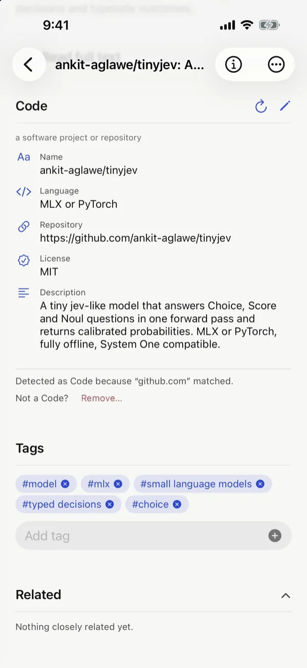 A saved GitHub repository in Kenna, understood as code: name, language, repository link, MIT license, a description and tags.