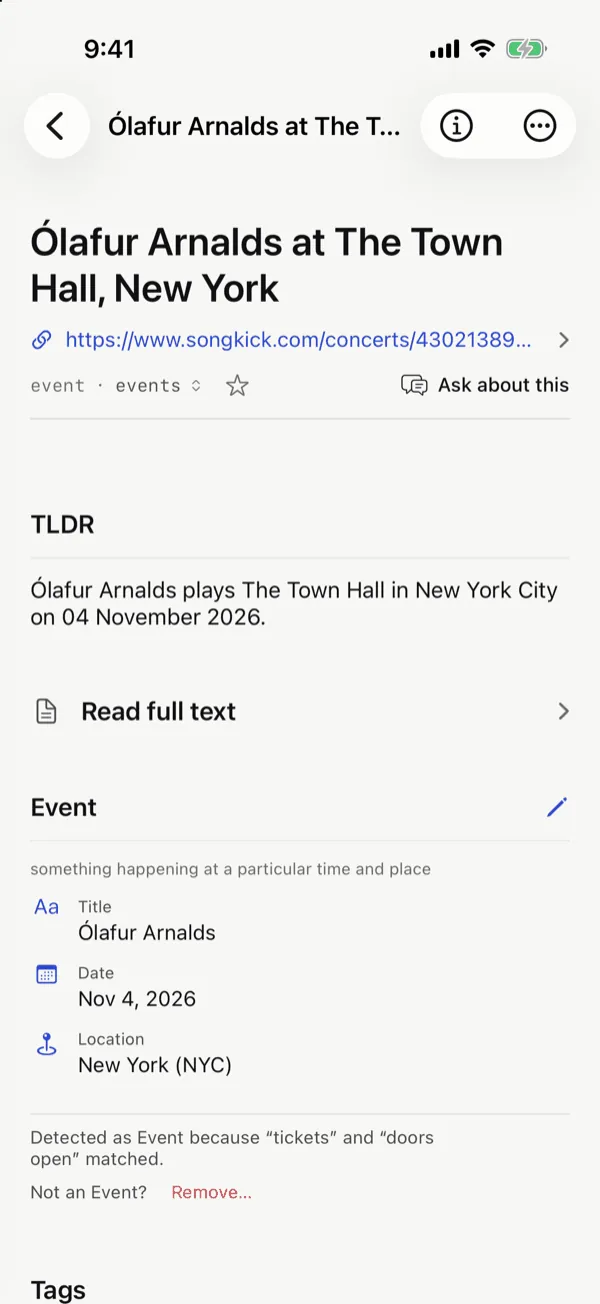 A saved concert page in Kenna, understood as an event: Ólafur Arnalds at The Town Hall, New York, on November 4, 2026, with a one-line summary.