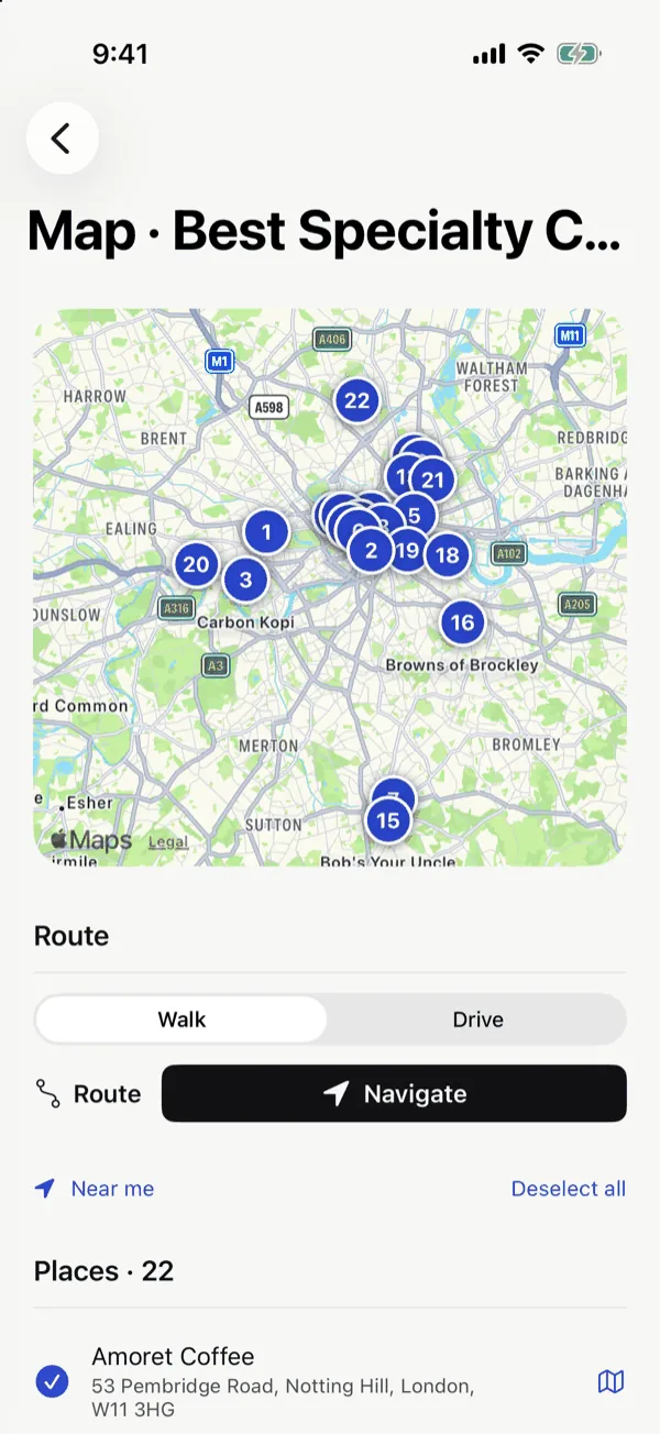 A map of London with twenty-two numbered coffee places from one saved guide, with walk and drive options and a Navigate button.