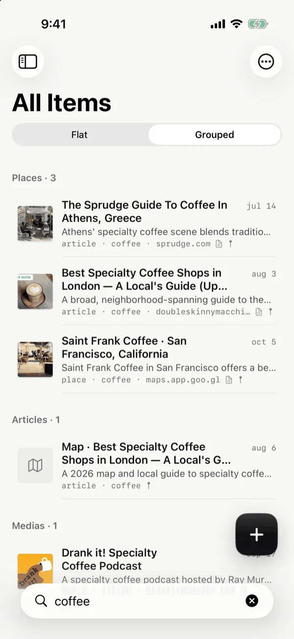 Searching “coffee” in Kenna, with results grouped into places, articles and media.