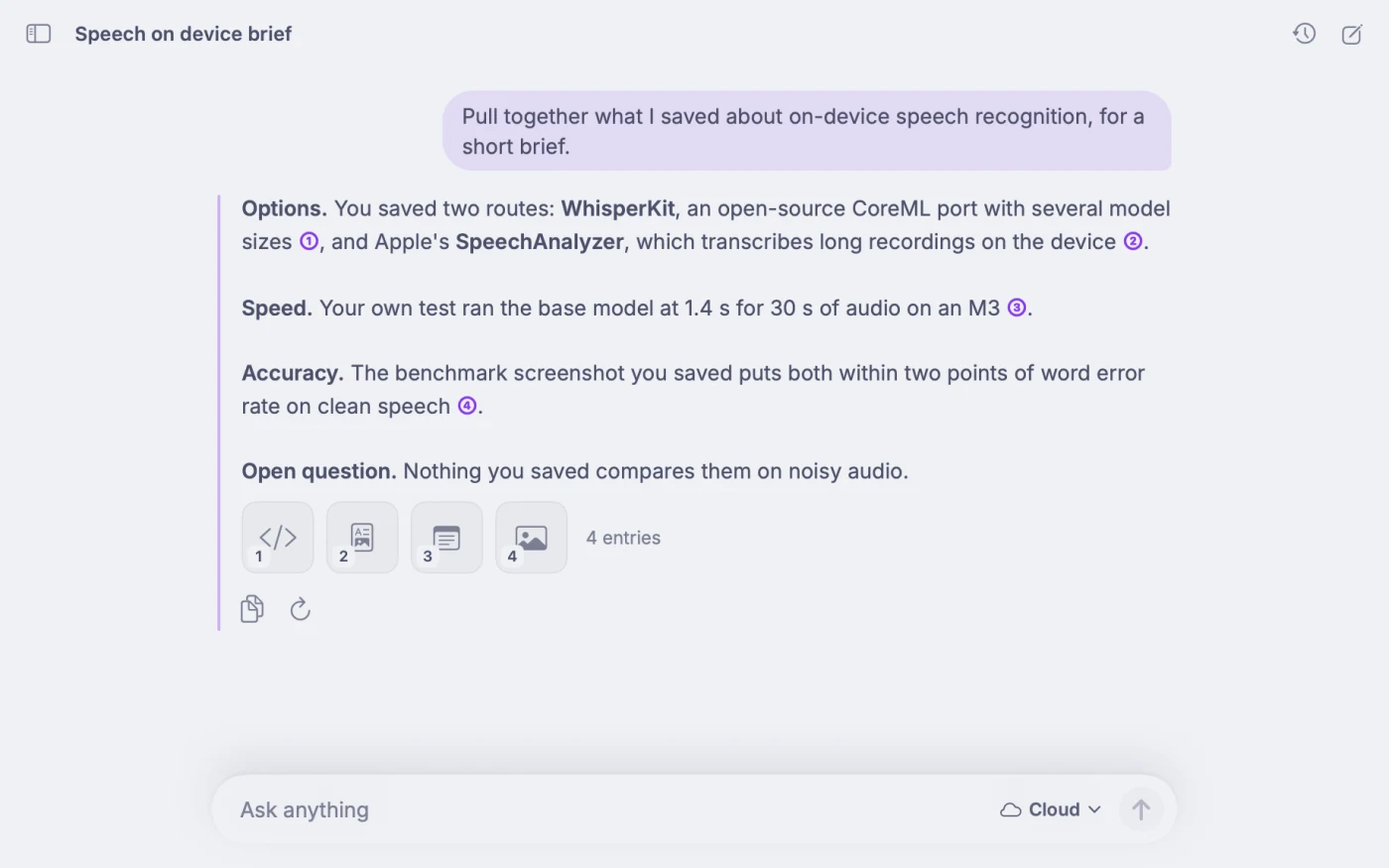 Kenna on a Mac: asked to pull together saved notes on on-device speech recognition, Ask answers in short sections citing a GitHub repository, Apple's documentation, a test note and a benchmark screenshot.