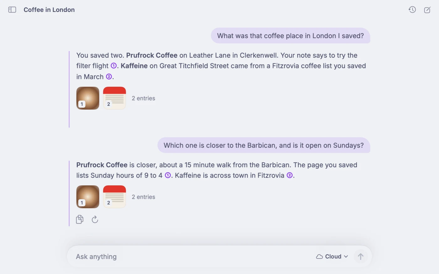 Kenna on a Mac: asking which saved coffee place is closer to the Barbican; the answer names Prufrock Coffee and cites the two saved entries it used.